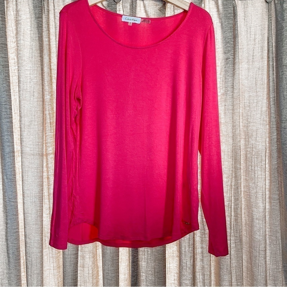Calvin Klein Pink Long Sleeve Stretch Scoop Neck Tee Shirt Size Medium